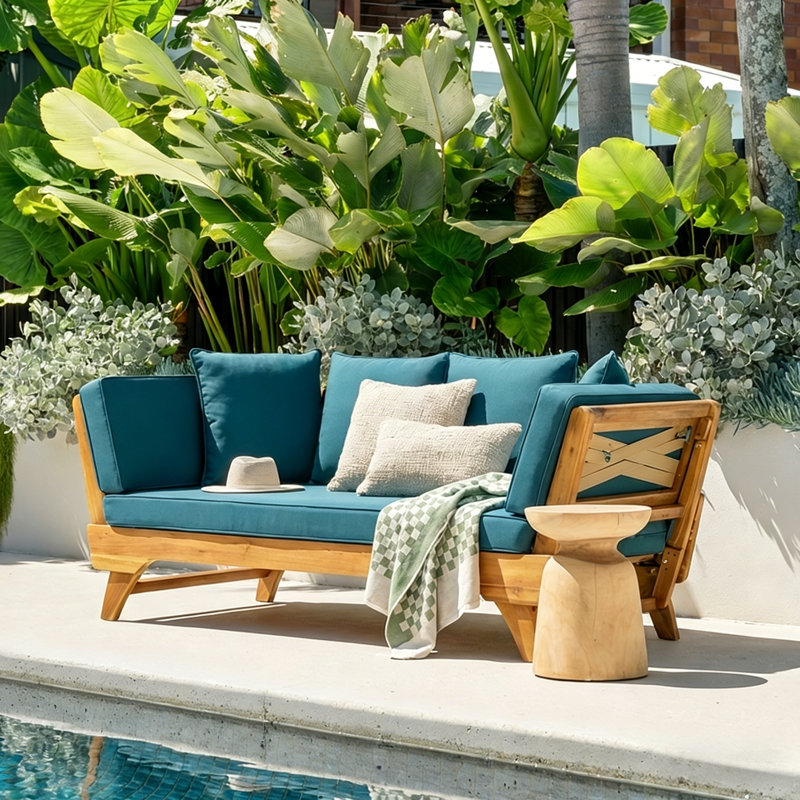 Modern Coastal Outdoor Acacia Wood Expandable Convertible Patio Sofa Bed Daybed with Cushions, Adjustable Armrests for Poolside, Porch