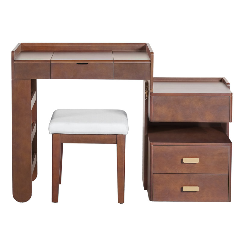 Coiffeuse en noyer 31 avec miroir caché, éclairage à DEL 3 couleurs et rangement rétractable pour l'organisation à domicile