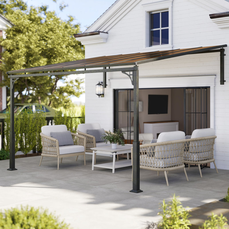 Outsunny 3.4 x 3 m Metal Lean-to Hardtop Gazebo, Wall-Mounted Pergola