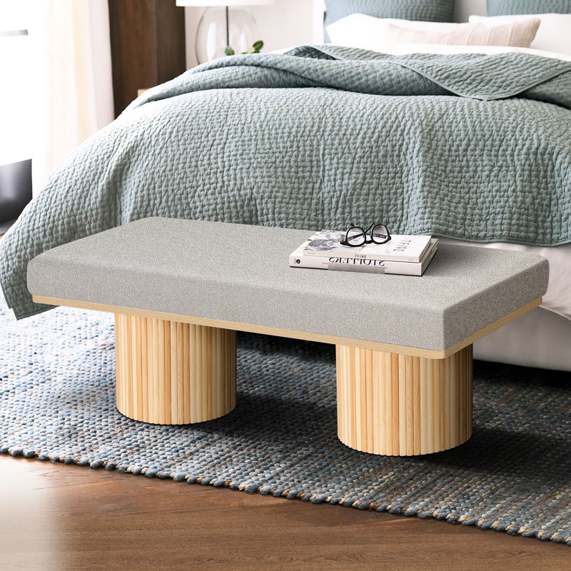 Banc rembourré en tissu bouclé gris - Pieds robustes pour chambre ou salon moderne - Charge maximale de 118 kg (260 lb)