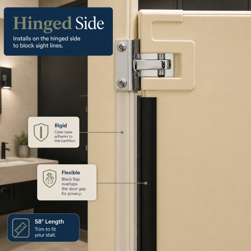 Restroom Door Privacy Cover, Black, 2-1/8 in. x 58 in., Rigid Plastic and Flexible Vinyl Restroom Stall Gap Filler, Provides Privacy, Includes Easy to Install Self-Adhesive (1 Set)