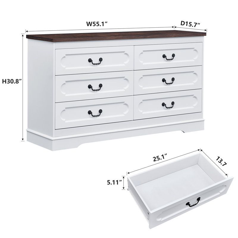 Commode double 6 tiroirs Farmhouse, Blanc