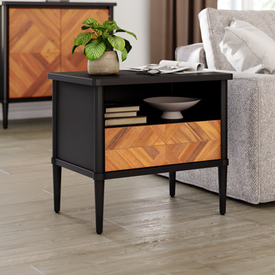 Ensemble de salon moderne du milieu du siècle, composé d'un meuble télé, d'une console multimédia, d'une table d'appoint et d'un meuble de rangement en bois d'acacia massif, couleur teck brun.