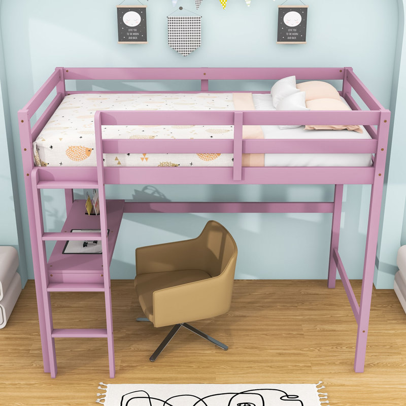 Twin Wooden Loft Bed With Built-In Desk And Safety Guardrail, Pink