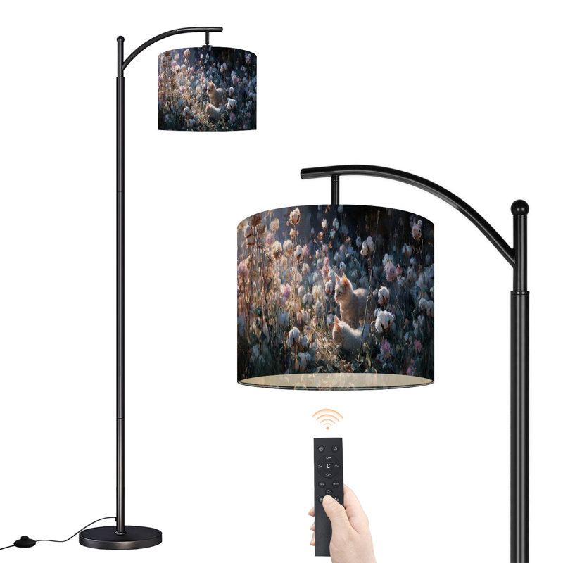 Arc Floor Lamp with Adjustable Lampshade Rustic Cotton Bloom Scene Vibrant Oil Golden Sunlight Standing Lamp 3 Color Temperatures Dimmable Tall Pole Lamp with Foot Switch for Bedroom