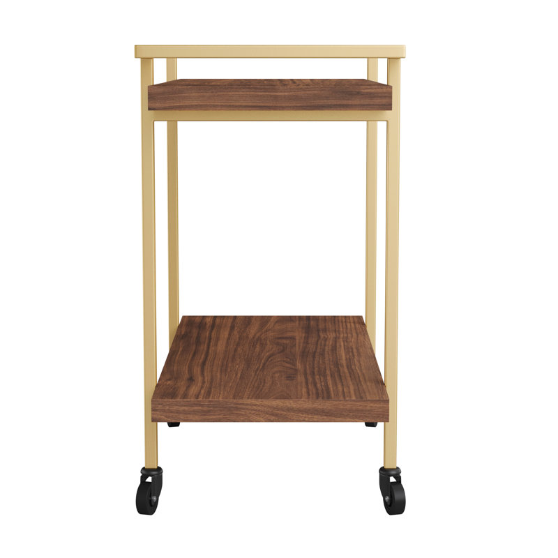Walnut and Brass 2-Tier Mobile Office Printer Cart with Side Storage