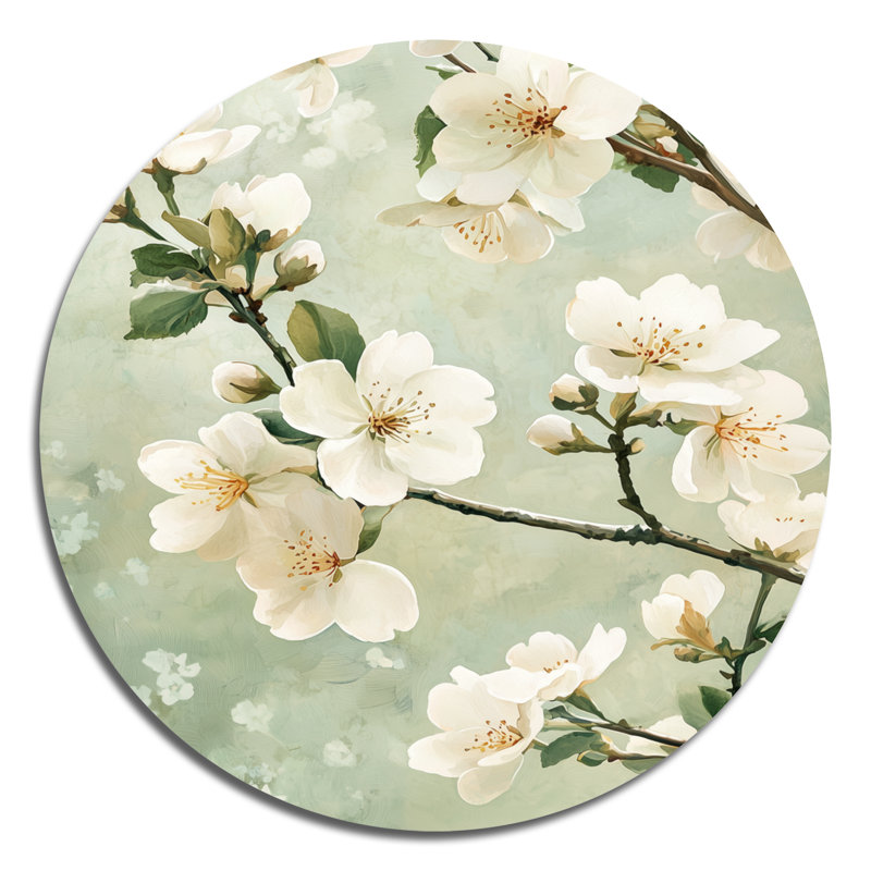 Kaliope - art mural traditionnel blanc en métal, impression ronde de fleurs de cerisier, H 36 po x l 36 po