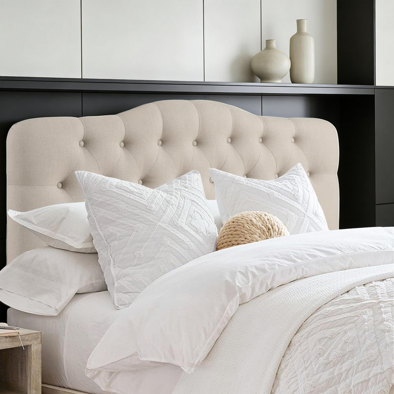 Tête de lit capitonnée tapissée à oreilles, tête de lit en bois massif avec pieds en bois, tête de lit à hauteur réglable de 47 po à 63 po, tête de lit en tissu au design moderne, beige