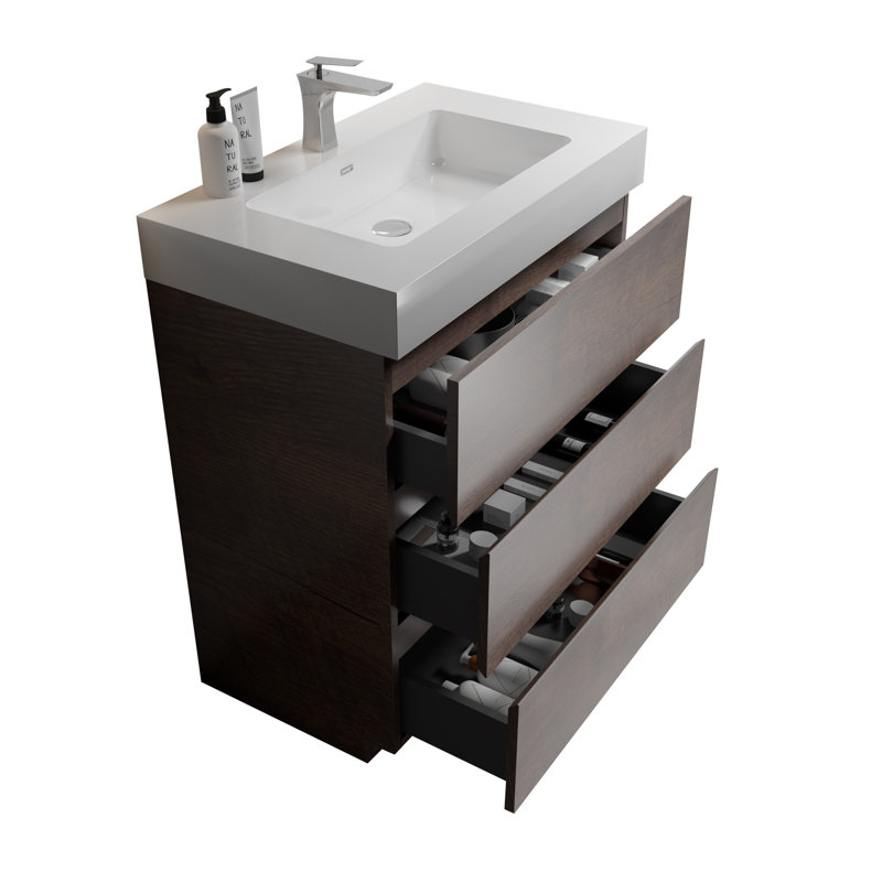 Grand meuble-lavabo moderne pour salle de bain, Noyer, Blanc