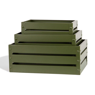 S/3 RECT METAL CRATES DARK GREEN