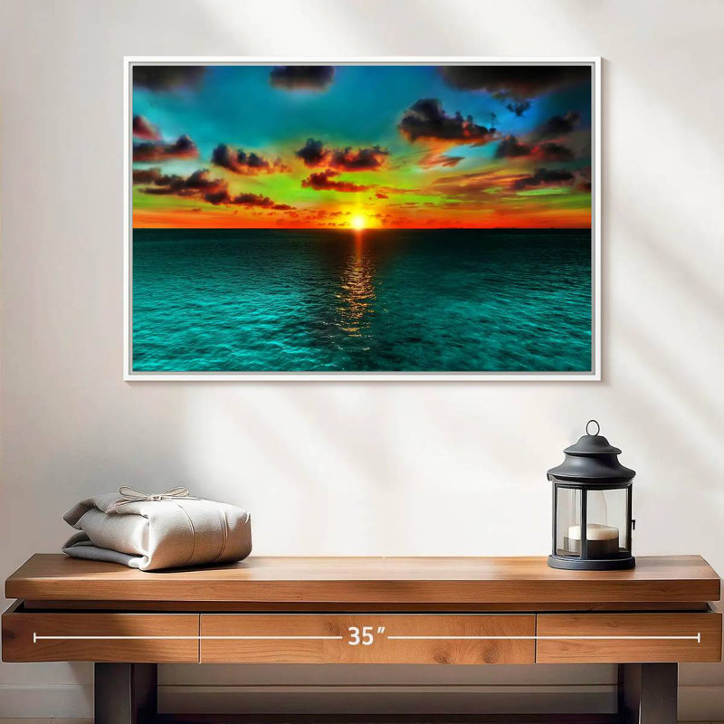 Coucher de soleil et océan, 25 po x 17 po, Cadre flottant blanc