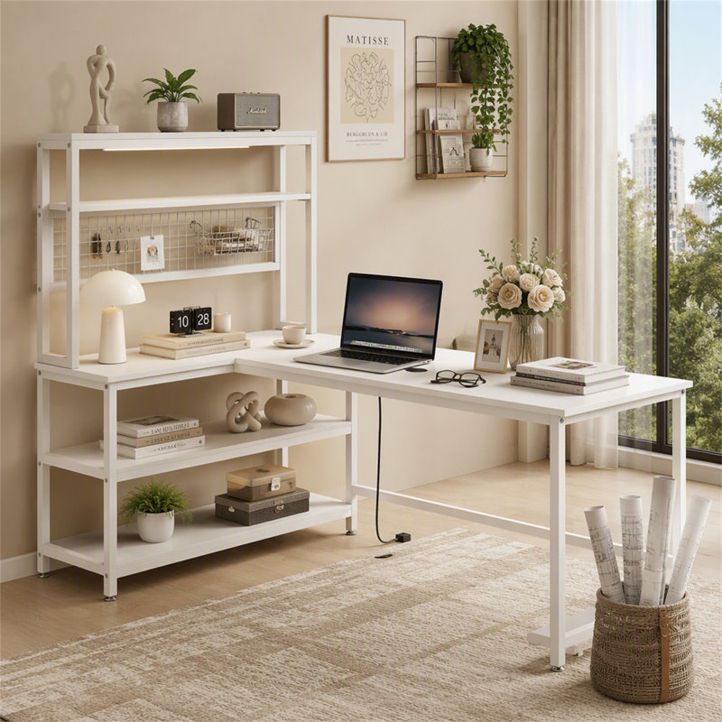 55" Reversible L-Shaped Desk, Computer Desk with Wireless Charging & Hutch