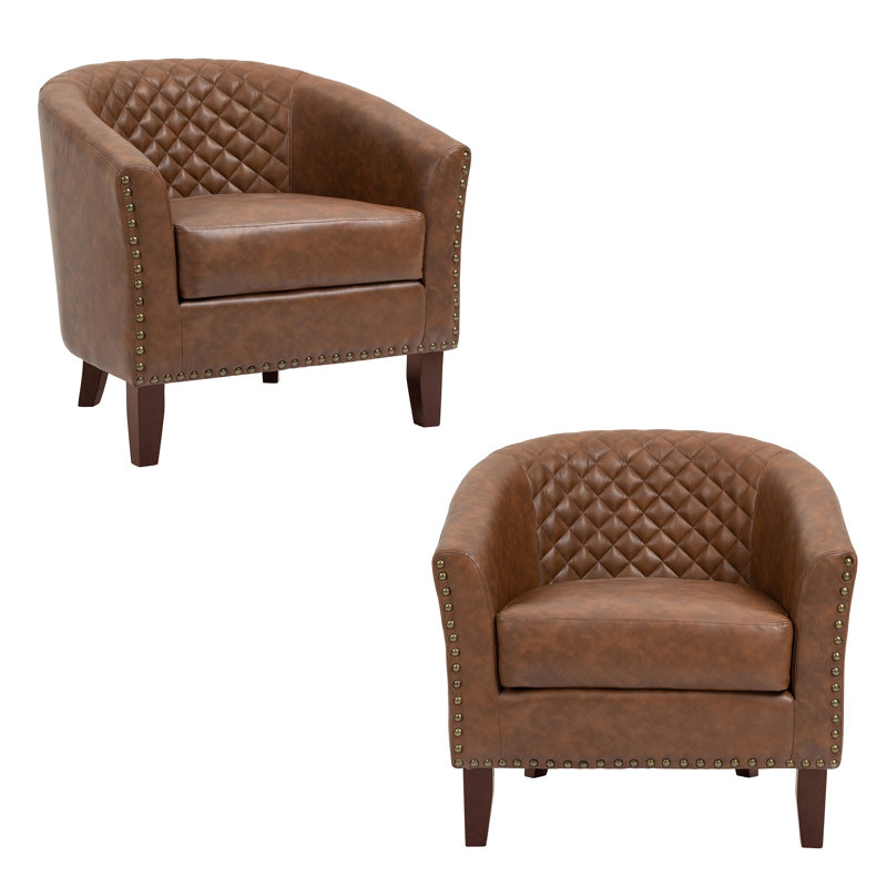 Edvardas Upholstered 29.11 Wide Brown Faux Leather Tufted Barrel Club Chair with Nailhead Trim, Brown Faux Leather