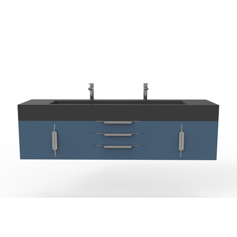 Ensemble de meuble-lavabo mural simple 72 po Nile, Noir, Bleu, Nickel brossé
