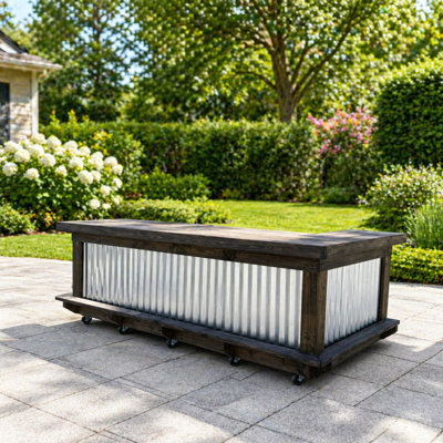 7 Ft L-shaped Outdoor Bartender Station With 2 Shelves, Footrest, Stain, And Metal