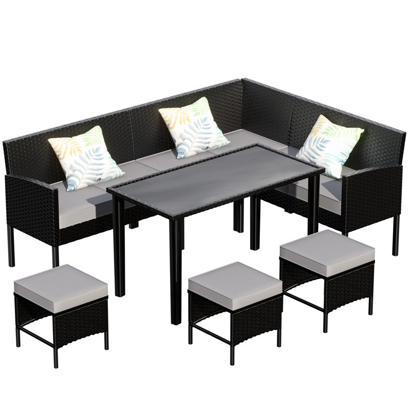 7 Patio Furniture With High-Back Ergonomic Design, Waterproof Seat Cushions, Glass Table, All-Weather , Blue And Grey For Backyard Lounging Outdoor