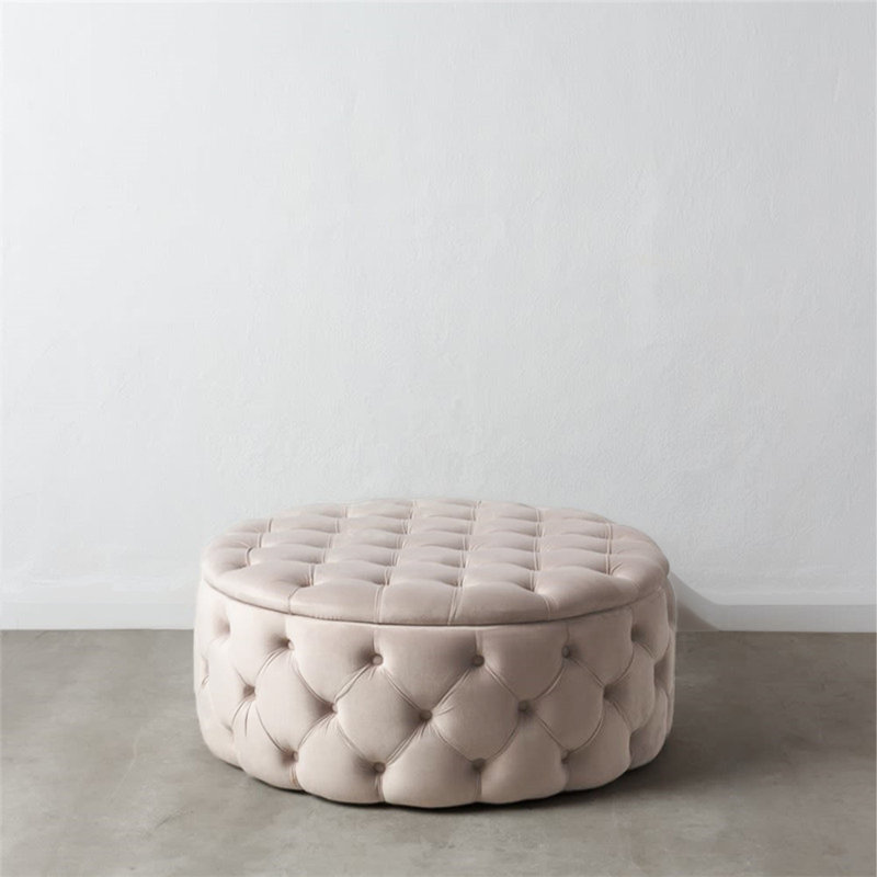 Minimalist Light Pink Round Solid Wood Storage Ottoman