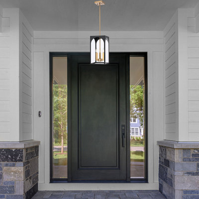 Luminaire suspendu d'extérieur 3 lumières E12 au fini noir et laiton, lanterne suspendue de style campagnard avec abat-jour en verre transparent pour le vestibule du vestibule
