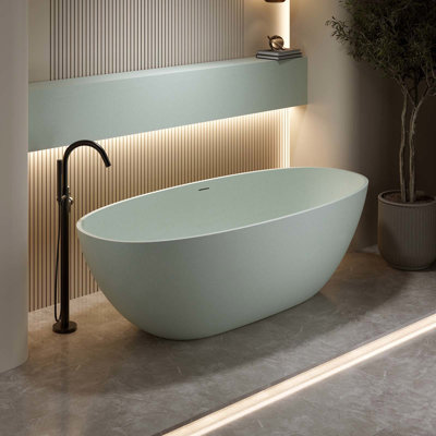 Baignoire autoportante de 71 pouces, baignoire de trempage à surface solide en résine de pierre, baignoire autoportante moderne avec trop-plein et bonde escamotable, vert turquoise pour la salle de bain MAYBoss