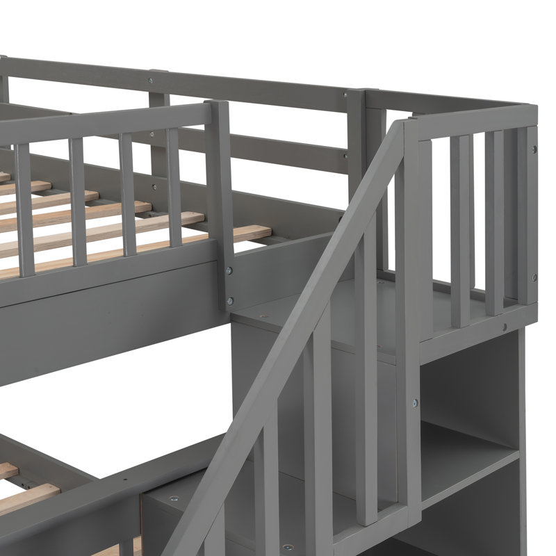 Lit superposé double avec escalier de rangement et garde-corps, Gris