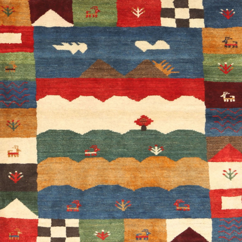 Tapis contemporain rouge / vert / bleu, Carré 6 pi