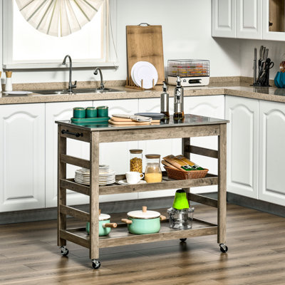 Chariot de cuisine à roulettes en acier inoxydable gris - 2 tablettes, compartiment central ajouré pour un rangement optimal du comptoir, étagère, 4 roues pratiques