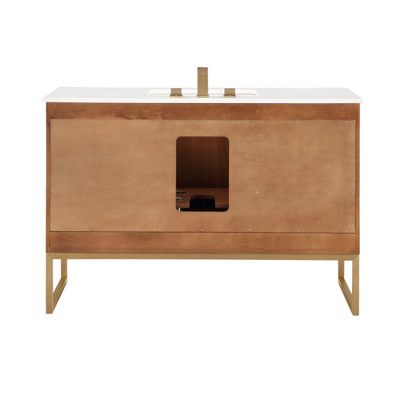 Markham 48'' W Single Vanity, White Quartz, Satin Brass, Walnut