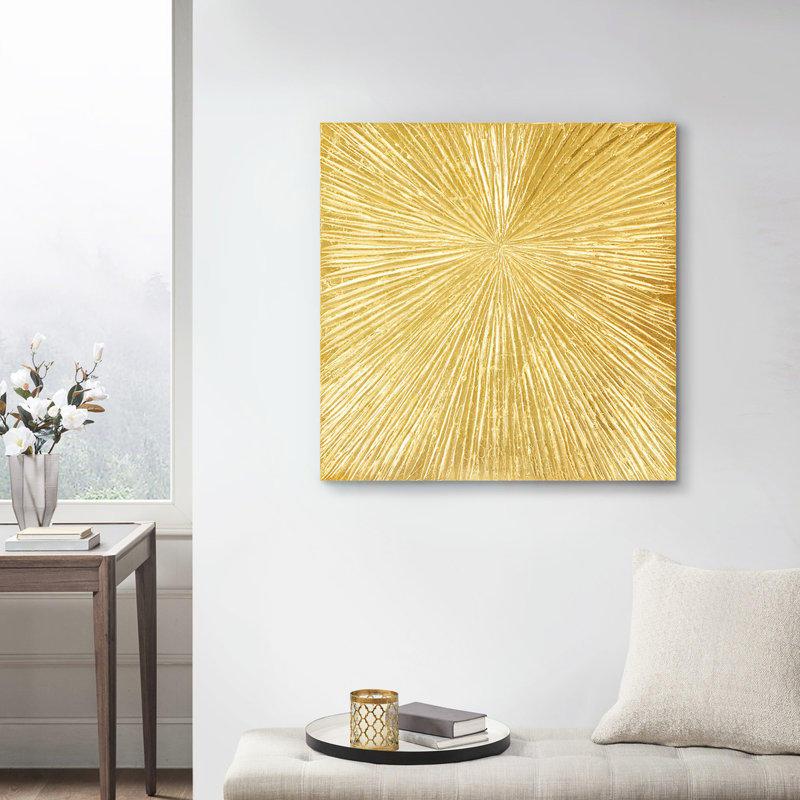 Hand Painted Resin Wall Art - Gold Abstract Burst 30"W 30"H 1.25"D Decor, Gold
