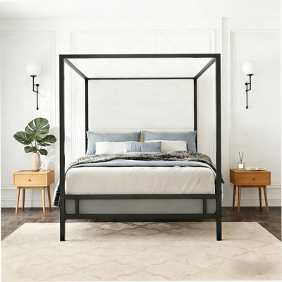Lit à baldaquin moderne en or avec tête de lit tapissier en tissu de lin haut de 76,5 po