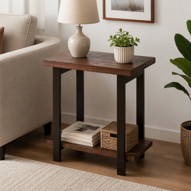 Table d'appoint de style campagnard à double plateau, avec un plateau en pin vieilli et des pieds en bois d'hévéa, convenant comme table d'appoint pour un canapé ou une table de chevet, adaptable à différents espaces.