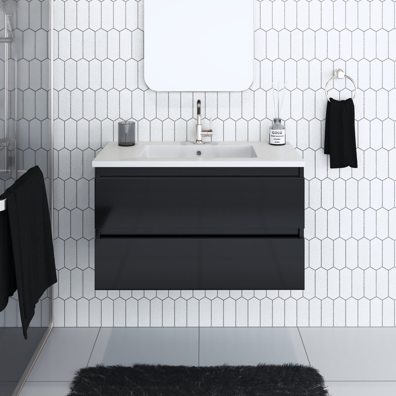 Salt 36'' Single Bathroom Vanity with Resin Top, Glossy Black