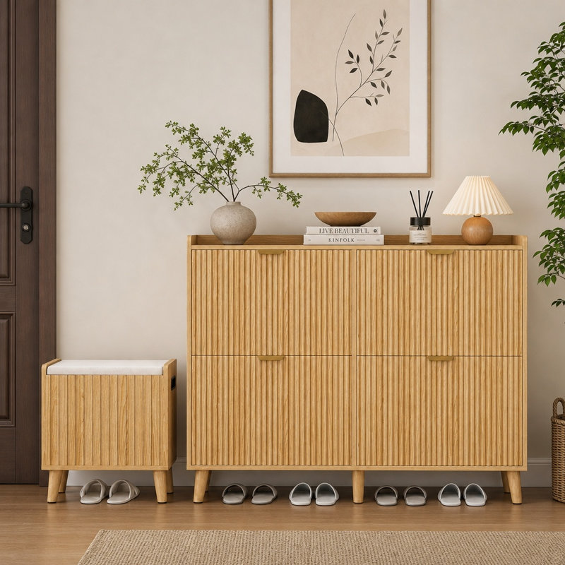 Armoire à chaussures étroite cannelée avec tiroirs rabattables et banc d'entrée, 4 Flip Drawers and Bench