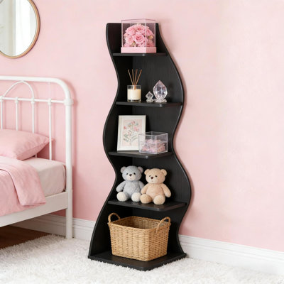 Bibliothèque en bois à 5 niveaux peu encombrante, tablette d'angle noire rétro pour la maison