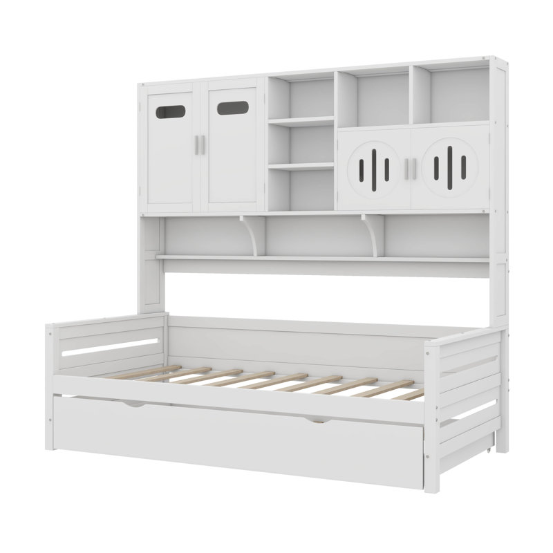 Lit de jour en bois avec tablettes intégrées pour armoires et gigogne polyvalente, Lit simple, Blanc