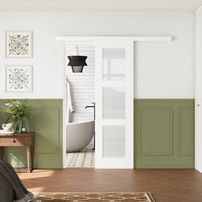 Pre-assembled Panel, Hidden Track 3-lite Frosted Glass Sliding Barn Door White Finish Solid Manufactured Wood Closet Door with Installation Hardware Kit(Included Soft Close)