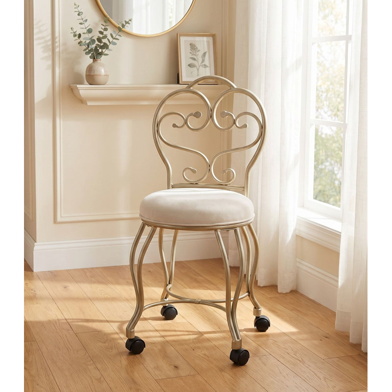 Petit tabouret de coiffeuse élégant en argent 18 po avec roulettes lisses et coussin moelleux, Argent