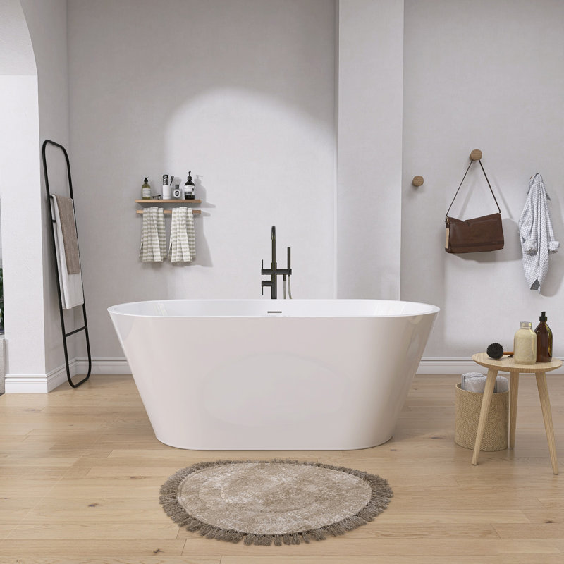 67'' x 30'' Acrylic Freestanding Bathtub Contemporary Stand Alone Deep Soaking Tub with Center Drain, Glossy White