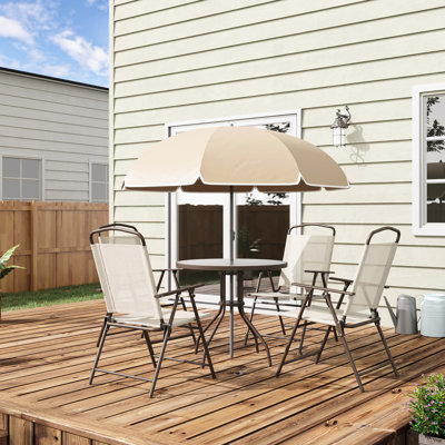 4 Patio Dining - Beige. Umbrella, Tempered Glass Table, Folding Chairs. For Garden, Backyard Use For 4 In Beige Great Poolside Entertaining