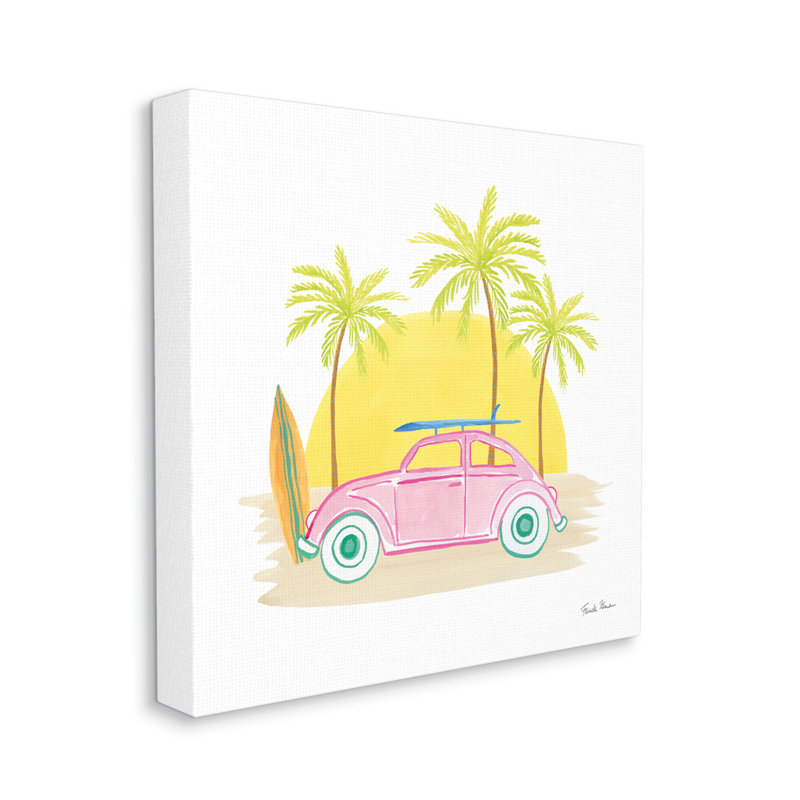 «Tropical Summer Travel», planche de surf, palmiers, soleil par Farida Zaman - Peinture, H 30 po x l 30 po x P 1,5 po