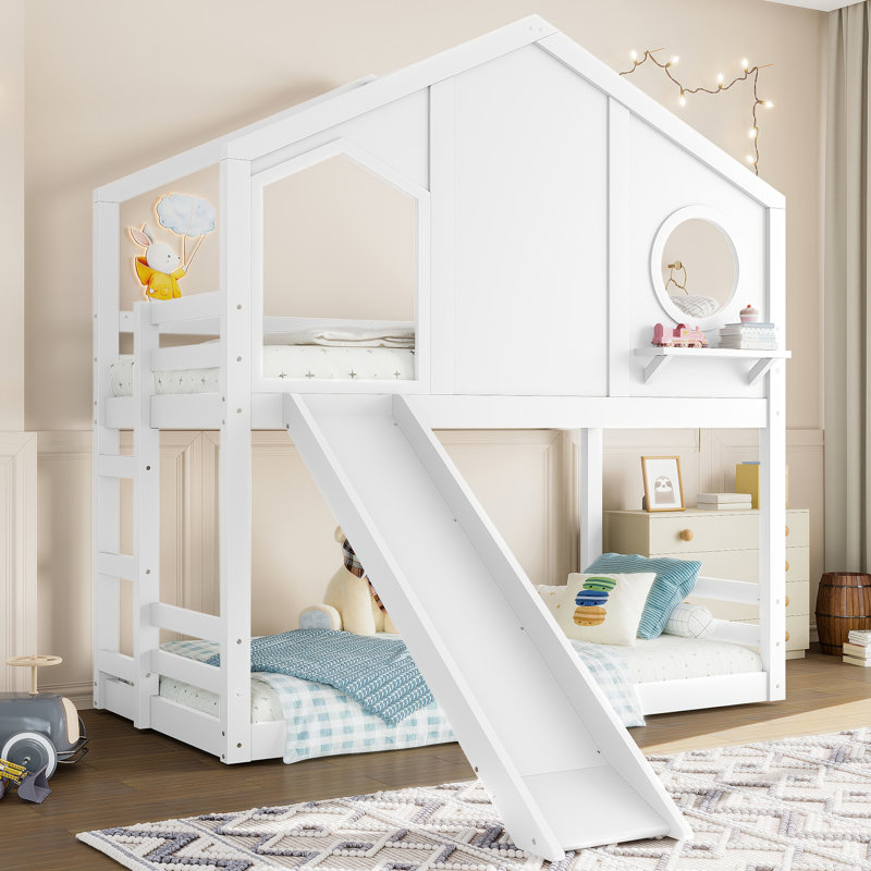 Twin Solid Wood House Loft Bed with Slide, Storage Shelves & Window, Child-Friendly Design, White, White