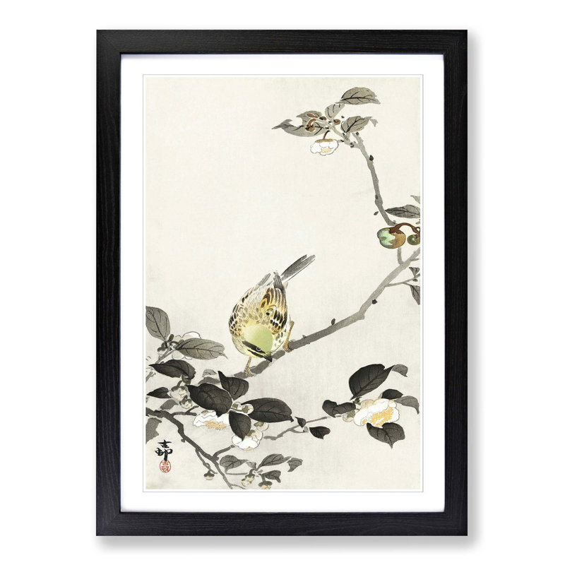 Bunting Bird on a Blossom Branch by Ohara Koson - Picture Frame Art Print, Black Framed, 65cm H x 48cm W x 2cm D