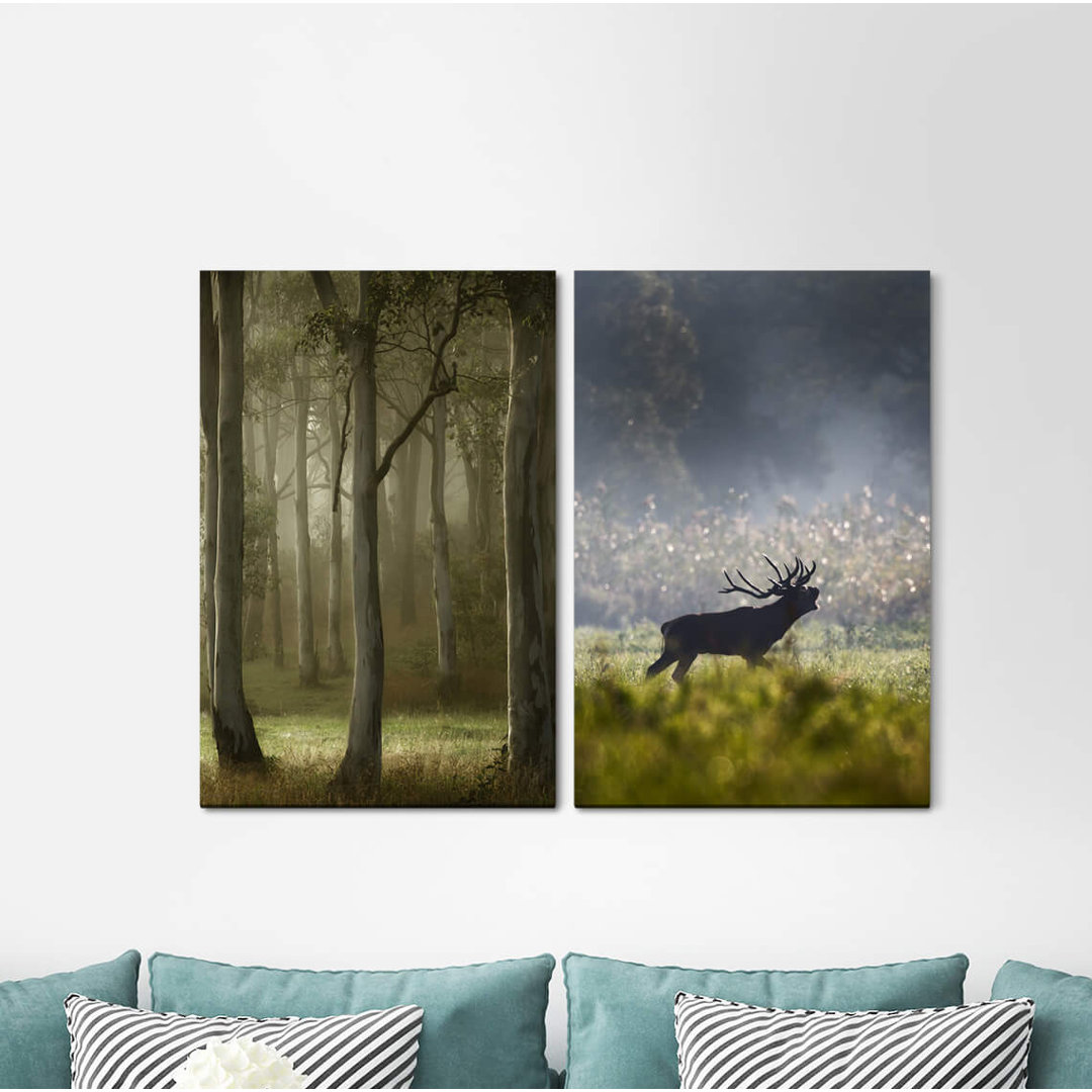 2-tlg. Leinwandbilder-Set - Grafikdruck „Forest Moose Morning Dew Nature Trees Peaceful Game”