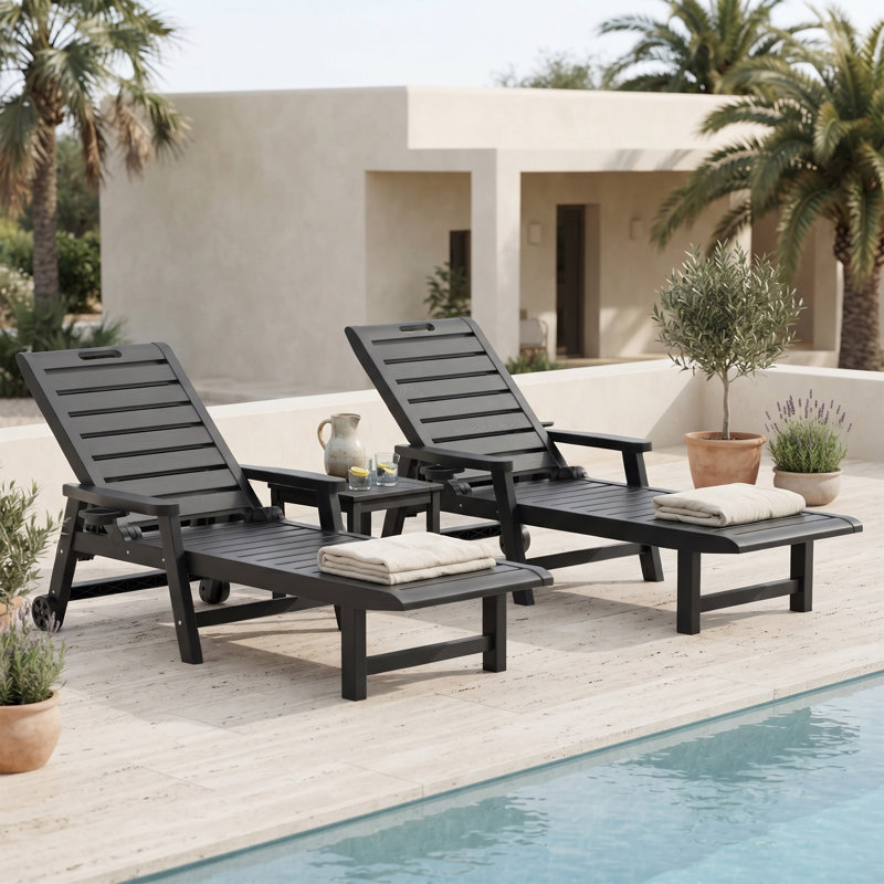 Chaise longue inclinable avec porte-gobelet, Black