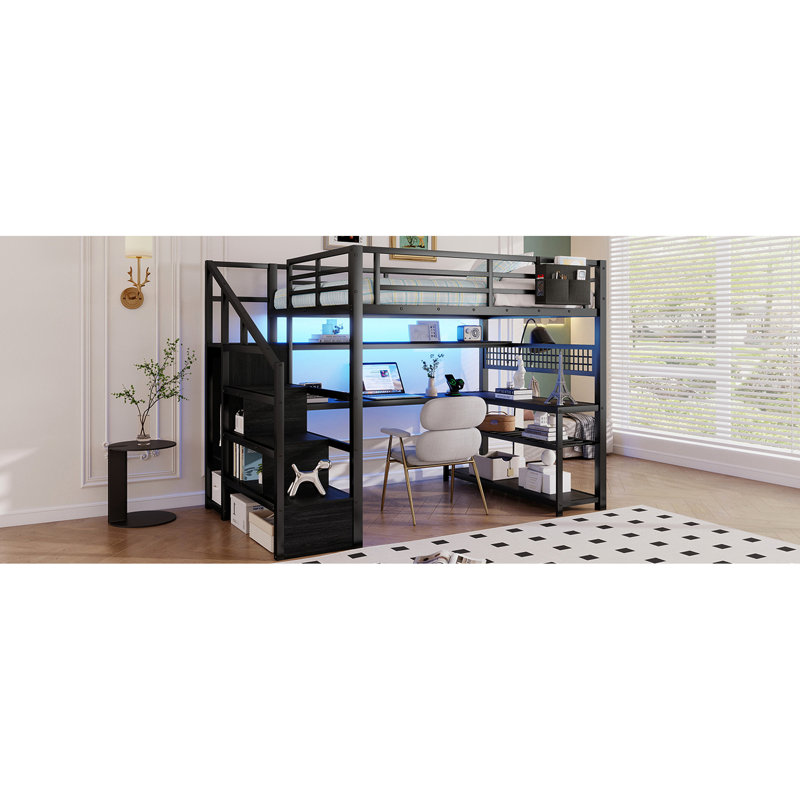Lit mezzanine double avec escalier gauche ou droit, garde-robe, bureau en L, tablettes de rangement et 16 lumières à DEL de couleur, noir, capacité de 350 lb, choix de lumières intégrées, charge maximale