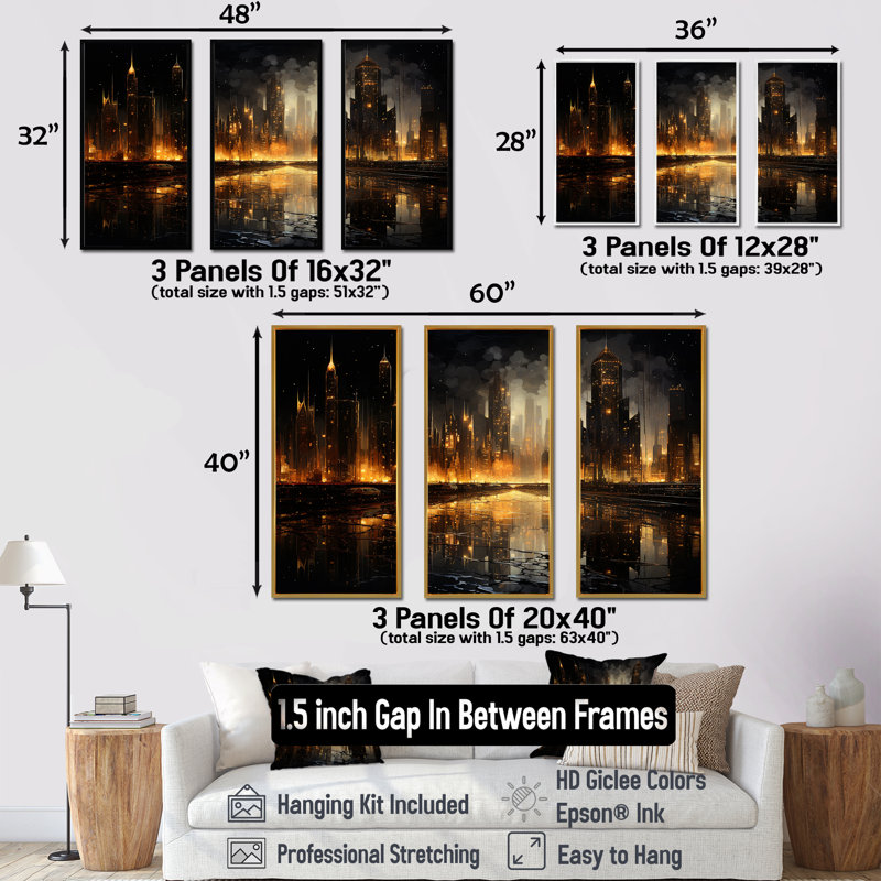 «Nyc Cityscape Night Noir - City Buildings», ensemble d'art sur toile, Cadre flottant doré, H 40 po x l 60 po x P 1 po