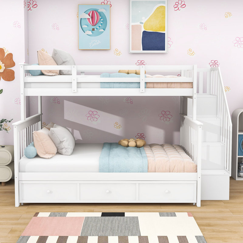 Twin Over Full Wooden Bunk Bed with Staircase Storage and Drawers, White