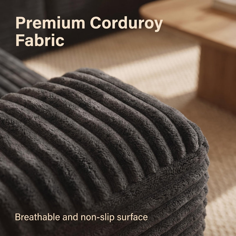Canapé de coin sans ossature de 141 pouces avec pouf, velours côtelé noir