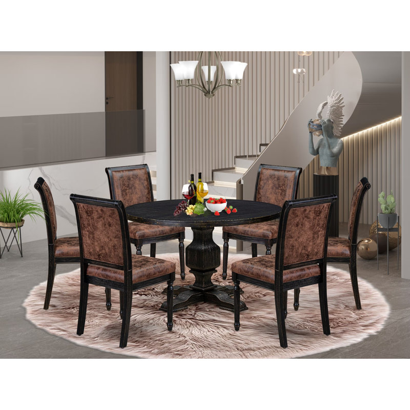 Cet ensemble de salle à manger 7 pièces se compose d'une table ronde moderne et de 6 chaises en polyester texturé brun avec dossier haut, finition noire sablée.