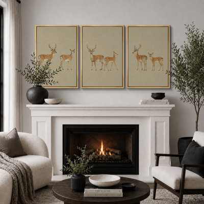 Minimal Deer Family Wildlife Artwork, Nursery Pictures, Framed Canvas Giclee Print 3 Pieces Wall Art - 16"x24"x3pcs