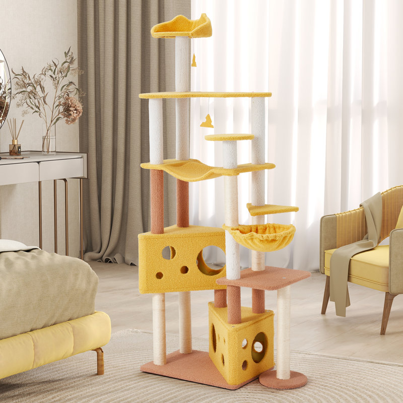 Arbre à chat 72,4 po, tour d'arbre à chat à plusieurs niveaux avec hamac, perchoir supérieur et poteaux à griffer en sisal, conception mignonne en forme de fromage pour chats d'intérieur, maison de chat confortable et articles amusants pour chat